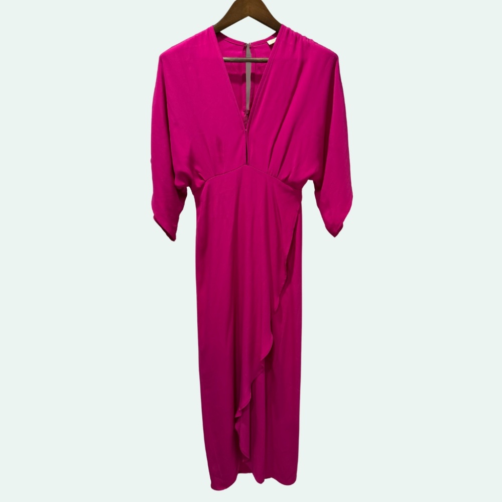 Jaline Silk Fuchsia Ruffle Midi Dress Resort Wedding Guest Made in USA Size XS